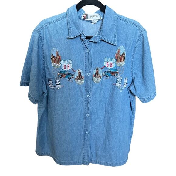 Vintage Route 66 Cotton Embroidered Short Sleeve Denim Shirt Size L - Picture 1 of 7